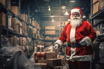 Santa Claus in his magic Christmas gifts warehouse, empty copy space Generative AI