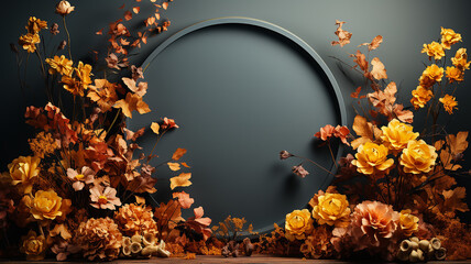 orange yellow autumn october round frame with flowers presentation studio background stagepodium abstract invitation