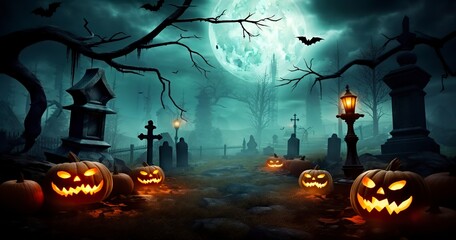 Pumpkins In Graveyard In The Spooky Night, Halloween Backdrop.