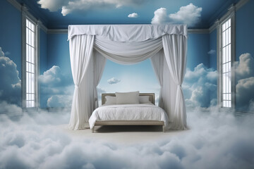 bedroom in the clouds, concept of pleasant dreams. Generative Ai