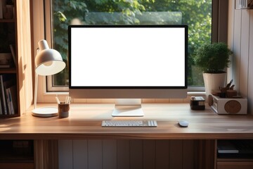Blank screen monitor of Computer in office interior. Generative AI