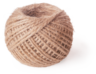 Close-up of coil ball of brown jute hemp natural rope twine on white background. Isolated. Textile, equipment, sewing, crocheting, handcraft, knitting, decoration, hobby, vintage, crafts, packaging.