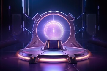 Abstract technology hud interface hologram elements neon lights, circle percent vitality innovation on hi tech future design. Generative AI