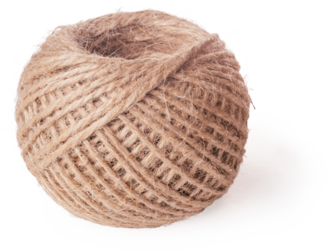 Close-up of coil ball of brown jute hemp natural rope twine on white background. Isolated. Textile, equipment, sewing, crocheting, handcraft, knitting, decoration, hobby, vintage, crafts, packaging.