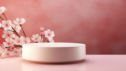 Mock-up with podium on pastel toned background with spring branches with flowers. Elegant background for product presentation or showcase