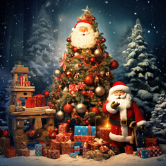 Merry Christmas decoration with Santa Claus and Christmas tree - ai generative