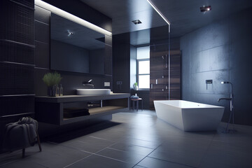 Hifh-tech style interior of bathroom in luxury house.