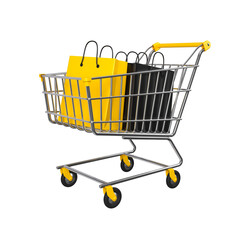 Chrome shopping trolley with black and yellow bags. Black Friday and sale event concept. Concept of sale event or promotion great discount. 3d rendering.