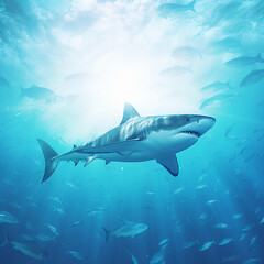 Naklejka premium A wild great white shark swimming in ocean