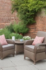 Wicker chairs and coffee table outdoors beside red brick wall