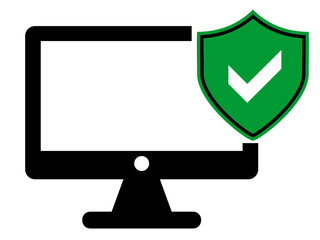 Computer monitor with shield icon. Black and White line art style, editable vector file on transparent background. Insurance concept