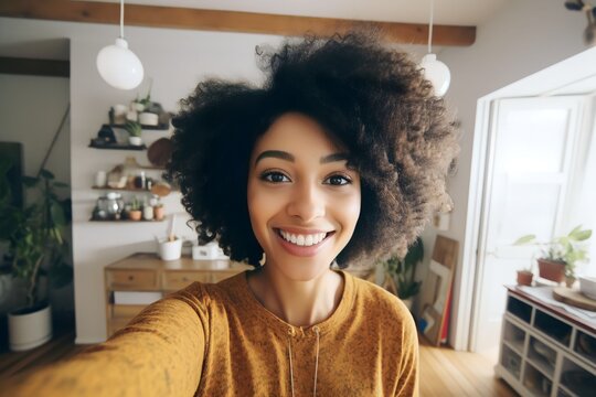 black woman taking selfie at home