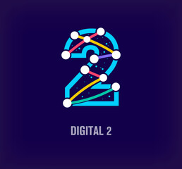 Creative digital letter 2 corporate design. Unique color transitions. Unique virtual technology and connection template. vector