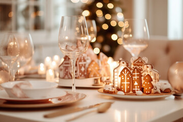 Fototapeta na wymiar Christmas luxury table decoration with Christmas cookies