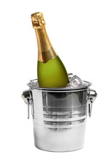 PNG, A bottle of champagne in a bucket of ice. Isolate 