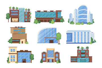 Modern building blocks vector illustrations set. Skyscrapers, office towers and apartment buildings with green zones for working in business district. Architecture, cityscape, construction concept