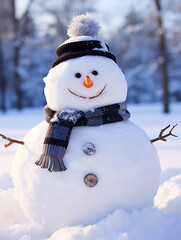 Obraz premium Christmas background with Cute Snowman in snow - ai generative