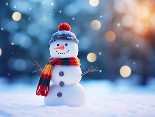 Fototapeta premium Christmas background with Cute Snowman in snow - ai generative