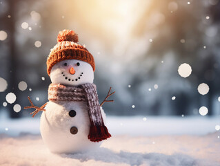 Obraz premium Christmas background with Cute Snowman in snow - ai generative