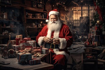 Santa Claus sits in the warehouse of his factory and keeps a record of gifts. Accounting and distribution for all children on the planet. Warehouse of gifts of Santa Claus.