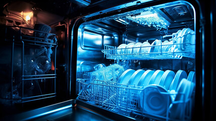 Obraz premium clean dishes in an open dishwasher with blue backlight.