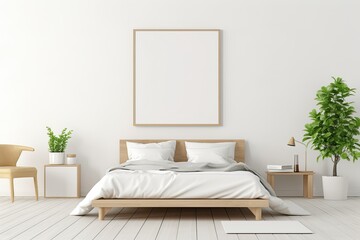 white apartment bedroom with natural wooden furniture, Scandi-Boho style