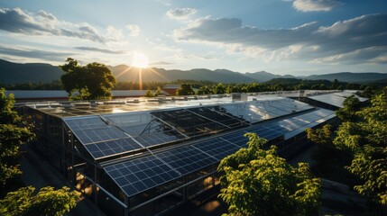 solar panel factory with hot sun, with industrial background - obrazy, fototapety, plakaty