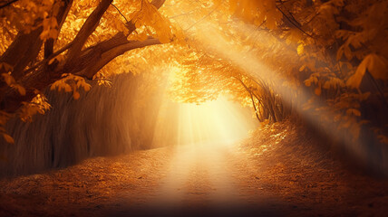 romantic landscape in the autumn fairy tale story of the forest, sun through the fog in a round arch of yellow trees.