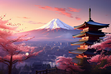 Chureito, Fujiyoshida, Japan's picturesque landscape and iconic Mount Fuji, colorful cherry trees, Sakura. - obrazy, fototapety, plakaty