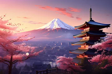 Rolgordijnen Chureito, Fujiyoshida, Japan's picturesque landscape and iconic Mount Fuji, colorful cherry trees, Sakura. © Elena