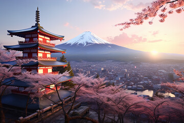 Chureito, Fujiyoshida, Japan's picturesque landscape and iconic Mount Fuji, colorful cherry trees,...