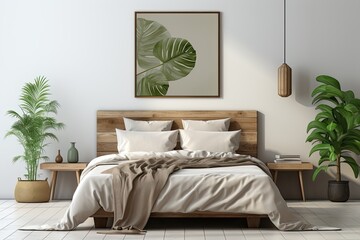 white apartment bedroom with natural wooden furniture, Scandi-Boho style