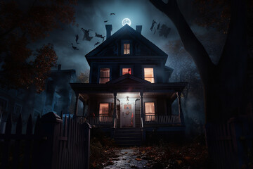 Solitude: Wooden Cabin in Moonlit Forest on a Mysterious Nigh, Generative AI