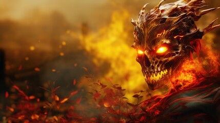 Demonic fire elemental demon, infernal pyromaniac eternally burning with hellfire and reaping destruction, supernatural glowing red eyes - generative AI