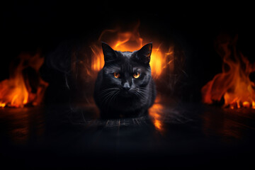 Intense Stare of Black Cat with Glowing Orange Eyes on Black Pedestal with Flames