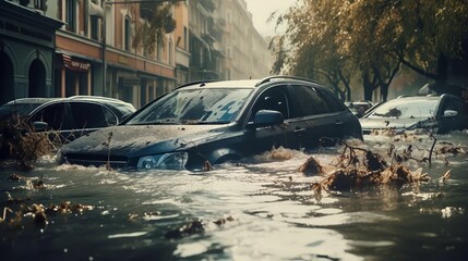 Flooded car on city street. Road after heavy rain - obrazy, fototapety, plakaty