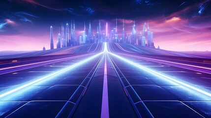 Speed blur zoom effect, night city neon color motion on a speedway, panoramic speed technology concept, lights abstract background. Sci-fi illustration with neon lights, city, and road. Generative AI.