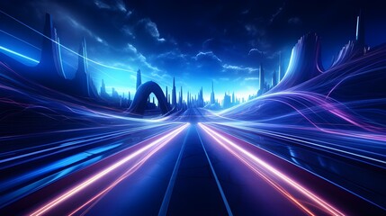 Speed blur zoom effect, night city neon color motion on a speedway, panoramic speed technology concept, lights abstract background. Sci-fi illustration with neon lights, city, and road. Generative AI.