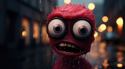 Cute but lost alien monster stuffed toy with soaking wet red fur and crooked teeth roaming the streets of London city, big bulging eyes and quirky expression - generative ai - obrazy, fototapety, plakaty