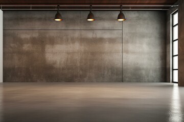 Modern industrial interior with roller door, polished concrete, and empty space. Generative AI