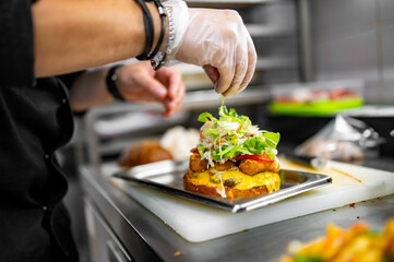 chef hand cooking burger with vegetables and meat on restaurant kitchen
