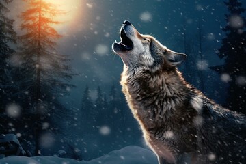 Winter howling wolf in snowy background. Generative AI