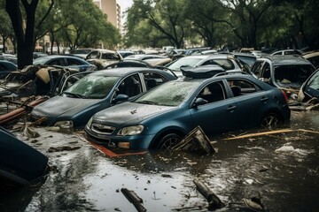 Fototapeta na wymiar Cars submerged in Houston, Texas during Hurricane Harvey. Water damage to engine, transmission, and parts. Disaster motor vehicle insurance claim. Severe weather concept. Generative AI