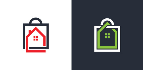 Home with Shopping Bag Logo Concept symbol sign icon Element Design. Mortgage, Realtor, House, Real estate Logotype. Vector illustration template