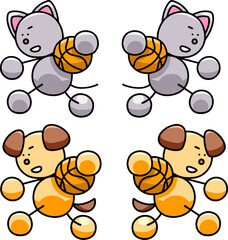 バスケットボールをするわんまるとにゃんまるのイラストセット　犬　猫
