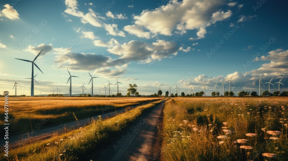 Wall mural Solar Panels And Wind Turbines with hot Sun