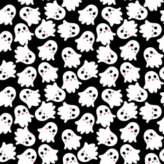 Vector seamless minimalistic Halloween template on black background. Festive fall template with white kawaii ghosts for printing on textiles or objects