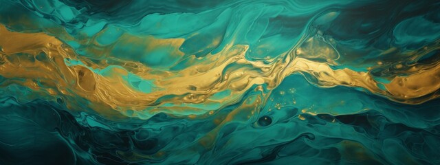 Fototapeta na wymiar Abstract marbling oil acrylic paint background illustration art wallpaper - Green turquoise gold color with waving waves swirls liquid fluid marbled texture banner painting texture