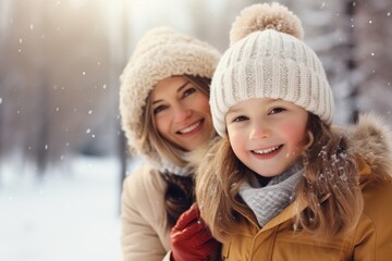 Fototapeta premium Mother and daughter in winter park wearing a warm hat and warm jacket surrounded with snowflakes. Winter holidays concept.