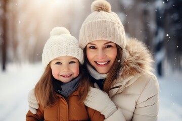 Obraz premium Mother and daughter in winter park wearing a warm hat and warm jacket surrounded with snowflakes. Winter holidays concept.